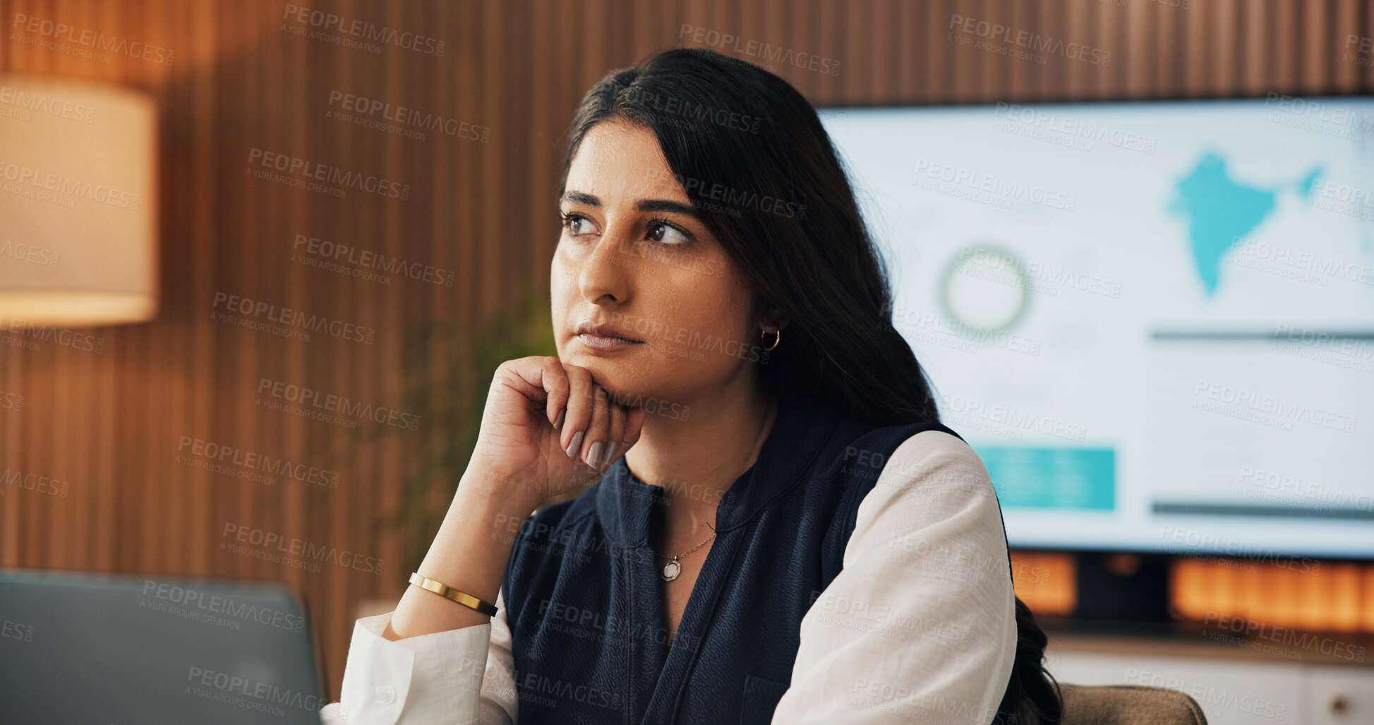 Buy stock photo Thinking, investor and woman in office, decision for investment opportunity and solution. Professional, person and financial advisor in workplace, problem solving for audit review and reflection