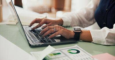 Buy stock photo Hands, woman and typing on laptop in office for income report, market research and client email. Graphs, financial analyst and tech at desk for budget forecasting, investment proposal and feedback
