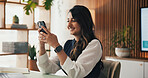 Happy, smartphone and woman in office, accountant and digital app for budget report. Smile, person and employee in workplace, funny and cellphone for communication and research for economy info