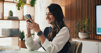 Buy stock photo Happy, smartphone and woman in office, accountant and digital app for budget report. Smile, person and employee in workplace, funny and cellphone for communication and research for economy info