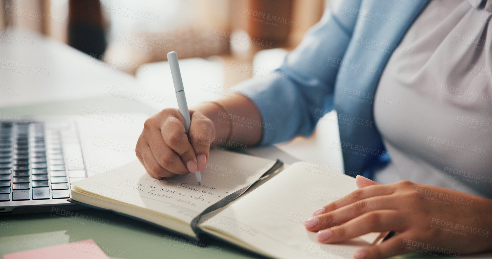 Buy stock photo Woman, hands and writing with book for business schedule, project deadline or reminder in office. Female person, employee or taking notes with notebook or diary for planning or ideas in workplace
