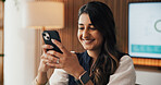 Smile, cellphone and woman in office, accountant and digital app for budget report. Happy, person and employee in workplace, website info or smartphone for communication and research for finance plan