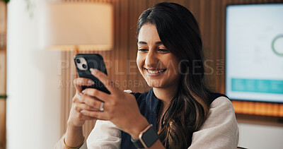 Buy stock photo Smile, cellphone and woman in office, accountant and digital app for budget report. Happy, person and employee in workplace, website info or smartphone for communication and research for finance plan