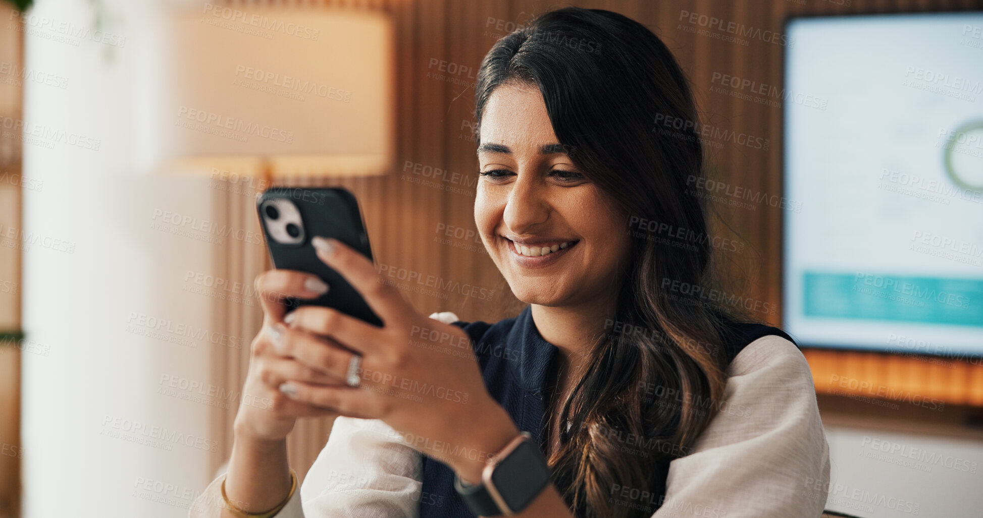 Buy stock photo Smile, cellphone and woman in office, accountant and digital app for budget report. Happy, person and employee in workplace, website info or smartphone for communication and research for finance plan