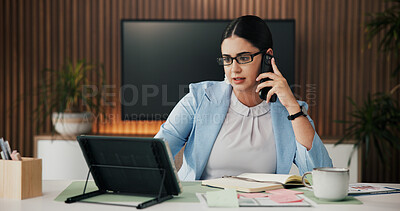 Buy stock photo Tablet, phone call and woman in office, financial advisor and communication for profit increase. Contact, person or investor in workplace, cellphone or app for trading info and deadline for audit