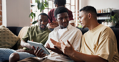 Buy stock photo Home, men and tablet for soccer results, talking and online reading for sports news. internet, people or friends in lounge, discussion or tech for entertainment, relax or digital app for social media