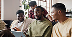 Men, friends and relax on sofa with tablet for streaming video, share post and reunion in home. People, group and happy with diversity, tech and chill with application in living room at apartment