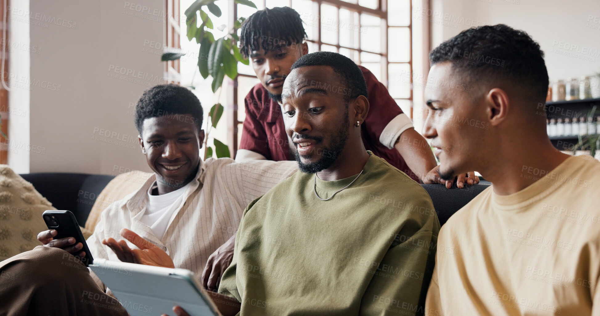 Buy stock photo Men, friends and relax on sofa with tablet for streaming video, share post and reunion in home. People, group and happy with diversity, tech and chill with application in living room at apartment