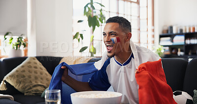 Buy stock photo Man, France flag and celebration in home, football and cheering for champion, shouting and winning. Fan, screaming and person in lounge, soccer and excited for score lead, tournament or competition