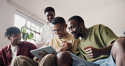 Buy stock photo Excited, men and tablet for soccer results, talking and live streaming for sports match update. Low angle, people or friends in home, discussion or tech for entertainment, smile or app for game score