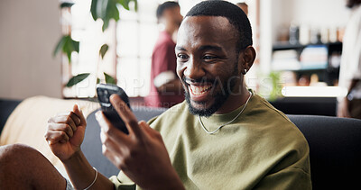 Buy stock photo Man, phone and excited with fist bump on sofa for streaming sport, goal or soccer match in home. Person, happy and celebration with smartphone, football game and subscription at reunion with friends