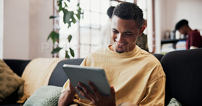 Buy stock photo Smile, reading and man with tablet on couch, online streaming platform and movie subscription website. Tech, connection and happy person with internet search for film, watch show and ebook in home 