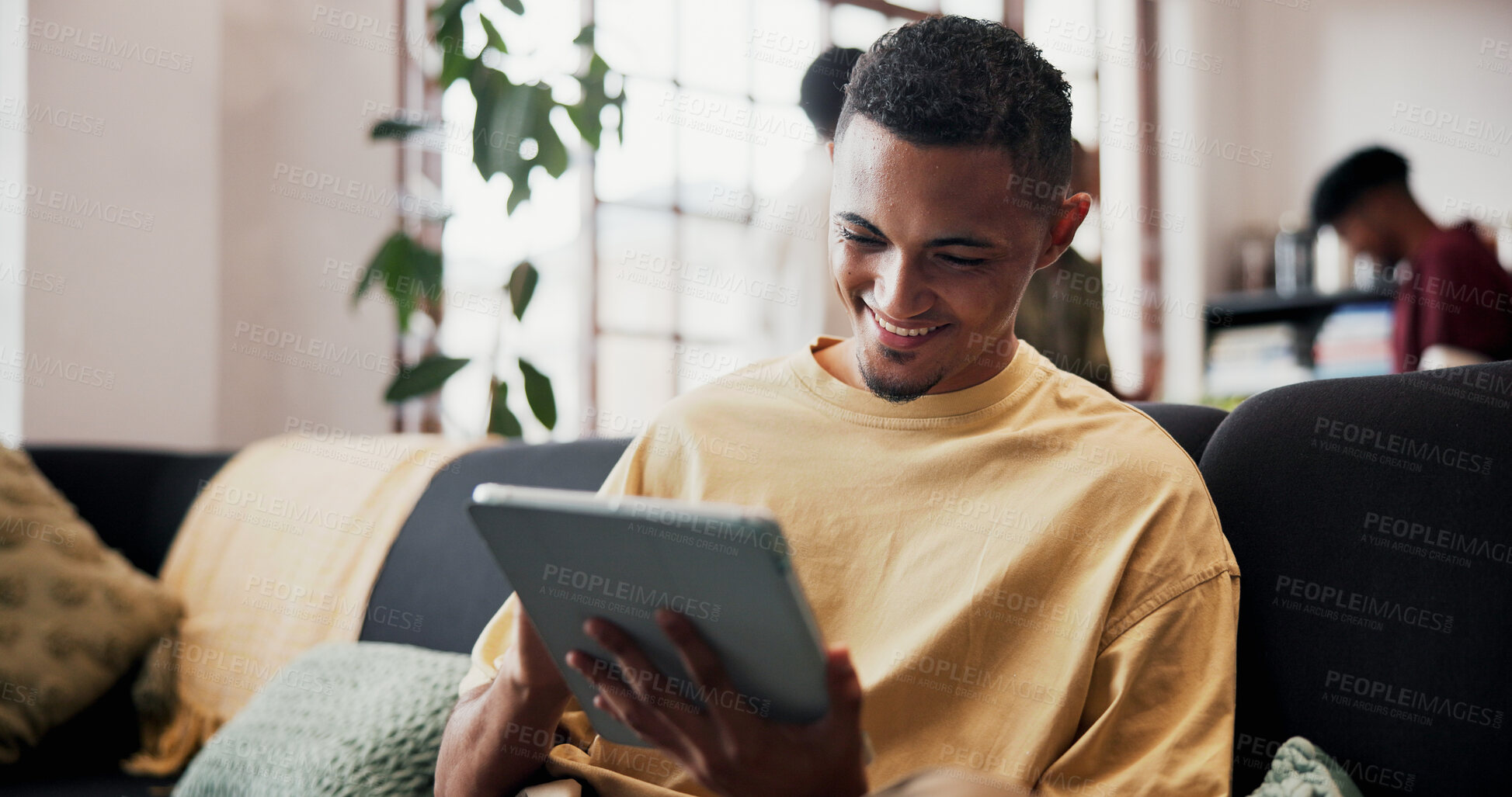 Buy stock photo Smile, reading and man with tablet on couch, online streaming platform and movie subscription website. Tech, connection and happy person with internet search for film, watch show and ebook in home 