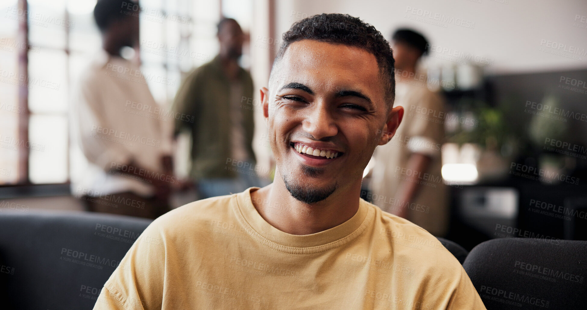 Buy stock photo Break, portrait and smile of man on sofa in home living room for reunion, social gathering or weekend. Comfortable, relax and visit with happy person at friends apartment for satisfaction or wellness