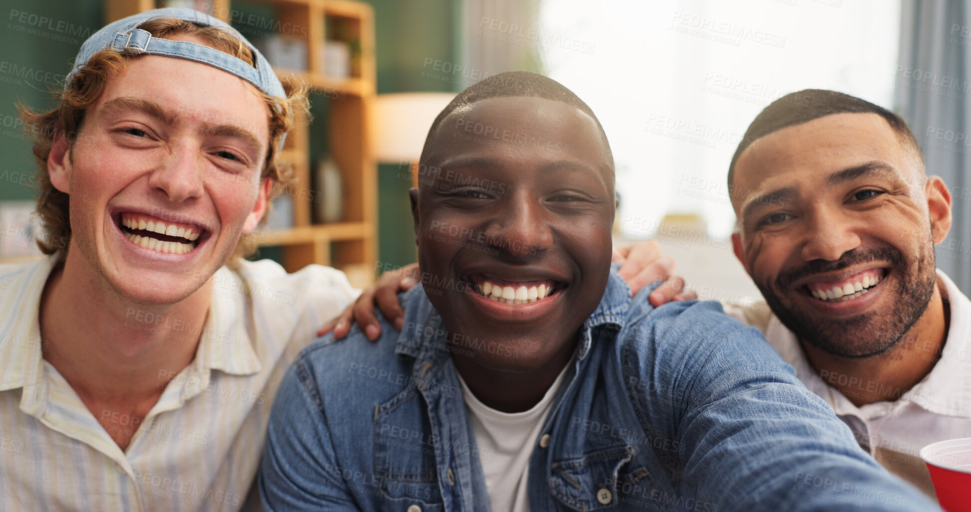 Buy stock photo Happy men, portrait and laughing with selfie for capture moment, memory or friendship in home. Male people, friends or smile with photography for group picture, holiday or fun social weekend together