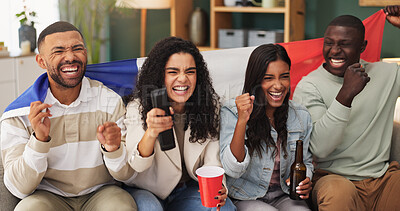 Buy stock photo Excited, fans and people with French flag in lounge, watching tv and happiness for football success. Group, together and friends with alcohol for celebration, home and living streaming sport match