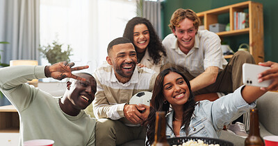 Buy stock photo Happy people, friends and peace sign with selfie in home for live soccer game, match or social. Excited, group or sport fans with smile for photography, picture or memory for entertainment in house