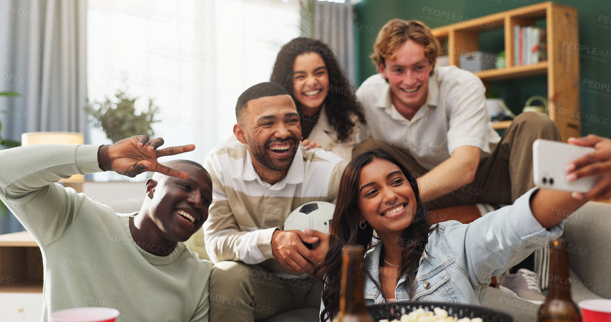 Buy stock photo Happy people, friends and peace sign with selfie in home for live soccer game, match or social. Excited, group or sport fans with smile for photography, picture or memory for entertainment in house