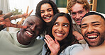 Happy, friends and selfie in home with peace sign, social media post and bonding together on weekend. Portrait, people and smile in living room with photography, v gesture and memories for reunion.
