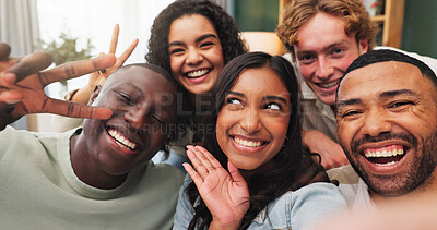 Buy stock photo Happy, friends and selfie in home with peace sign, social media post and bonding together on weekend. Portrait, people and smile in living room with photography, v gesture and memories for reunion.