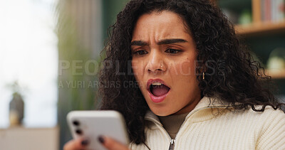 Buy stock photo Shock, upset and woman with phone in home for texting, networking or communication on mobile app. Technology, bad news and female person with cellphone for contact or chatting in living room.