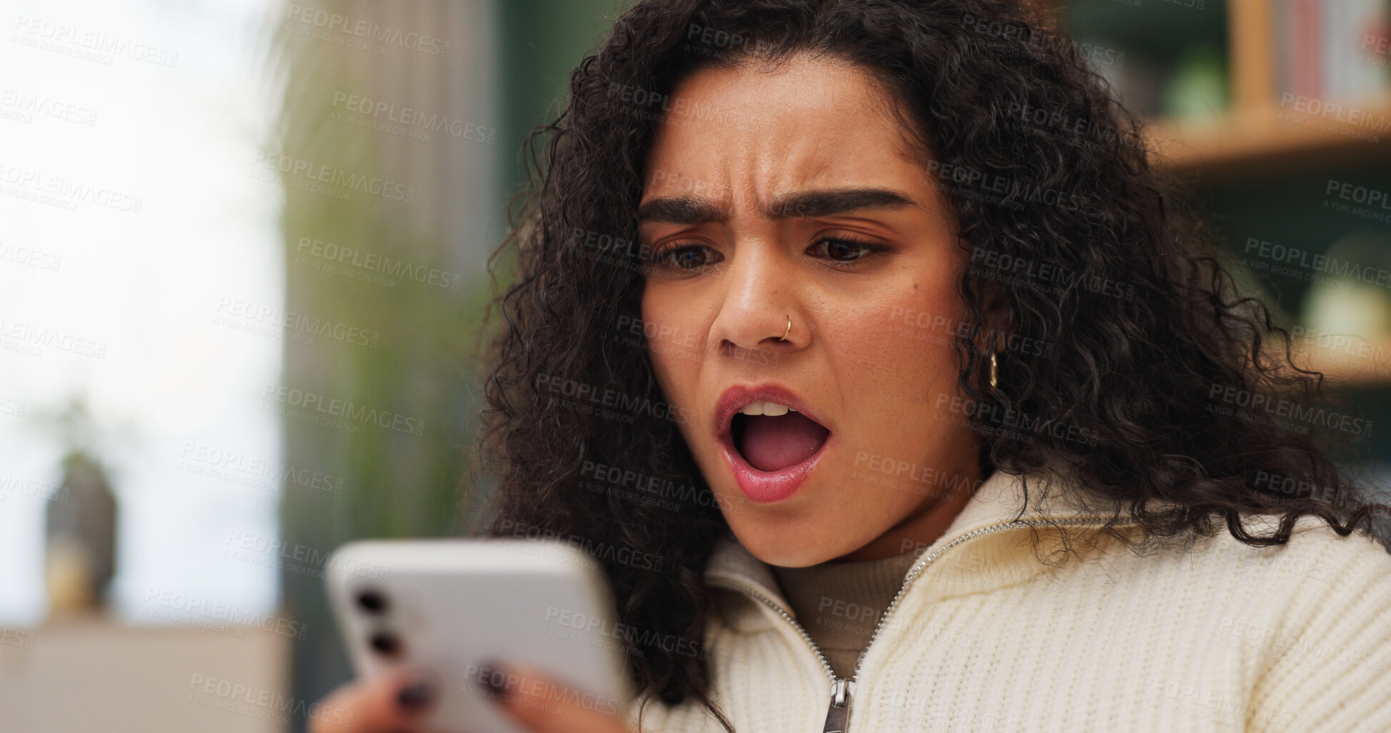 Buy stock photo Shock, upset and woman with phone in home for texting, networking or communication on mobile app. Technology, bad news and female person with cellphone for contact or chatting in living room.