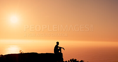 Buy stock photo Hiking, nature and relax with silhouette for trekking, view and adventure with sunset. Travel, tourism and person on holiday or vacation for wellness, exercise and break outdoors with mountain space