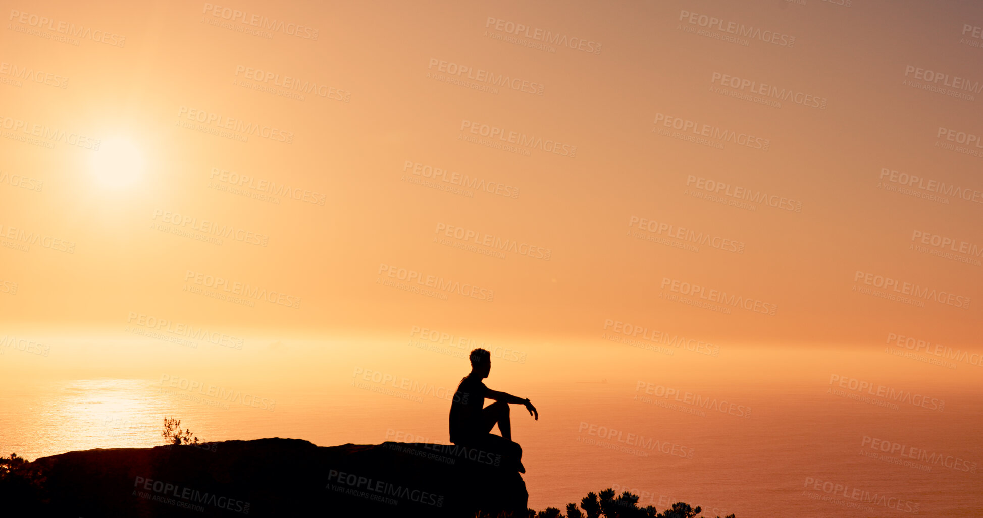 Buy stock photo Hiking, nature and relax with silhouette for trekking, view and adventure with sunset. Travel, tourism and person on holiday or vacation for wellness, exercise and break outdoors with mountain space