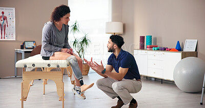 Buy stock photo Physiotherapist, amputee and leg with people, discussion and rehabilitation for person with disability. Talk, help or consultation for medical prosthetic, appointment or man with woman in office