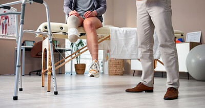 Buy stock photo Legs, physiotherapist and woman with prosthetic in clinic for healthcare and advice. Physical therapy, recovery or rehabilitation with man and person with a disability for consulting, update or help