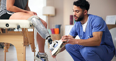 Buy stock photo Nurse, amputee and leg with people, consultation and rehabilitation for person with disability. Healthcare, help or appointment for medical prosthetic, physical therapy or man with woman in clinic