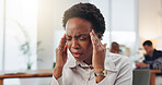 Frustrated, black woman and headache with stress in office for mistake or project deadline. Female person, employee or migraine with pain for mental health, overworked strain or pressure in workplace