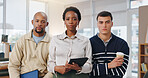 Portrait, business and people with tablet in office for career pride, about us and real estate. Confident, realtor team and digital with ambition for auction, property development and resale listing