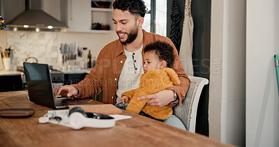 Buy stock photo Baby, family and laptop with father at table in home for development, remote work or security. Computer, busy and multitasking man in apartment with infant child for freelance employment or startup