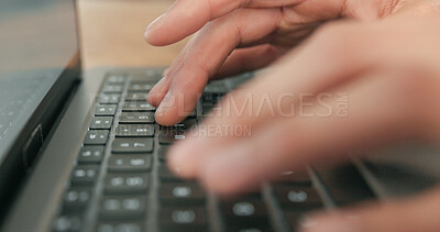 Buy stock photo Laptop, hands and person typing in office, review article or proposal with business email. Writing, closeup or journalist with computer keyboard for information, research or fact check for news story