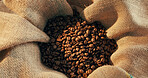 Cloth, roasted and organic beans for coffee production, textures and sustainable harvest. Granules, arabica grain and manufacturing process with burlap sack, storage method and espresso ingredients