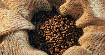 Buy stock photo Cloth, roasted and organic beans for coffee production, textures and sustainable harvest. Granules, arabica grain and manufacturing process with burlap sack, storage method and espresso ingredients