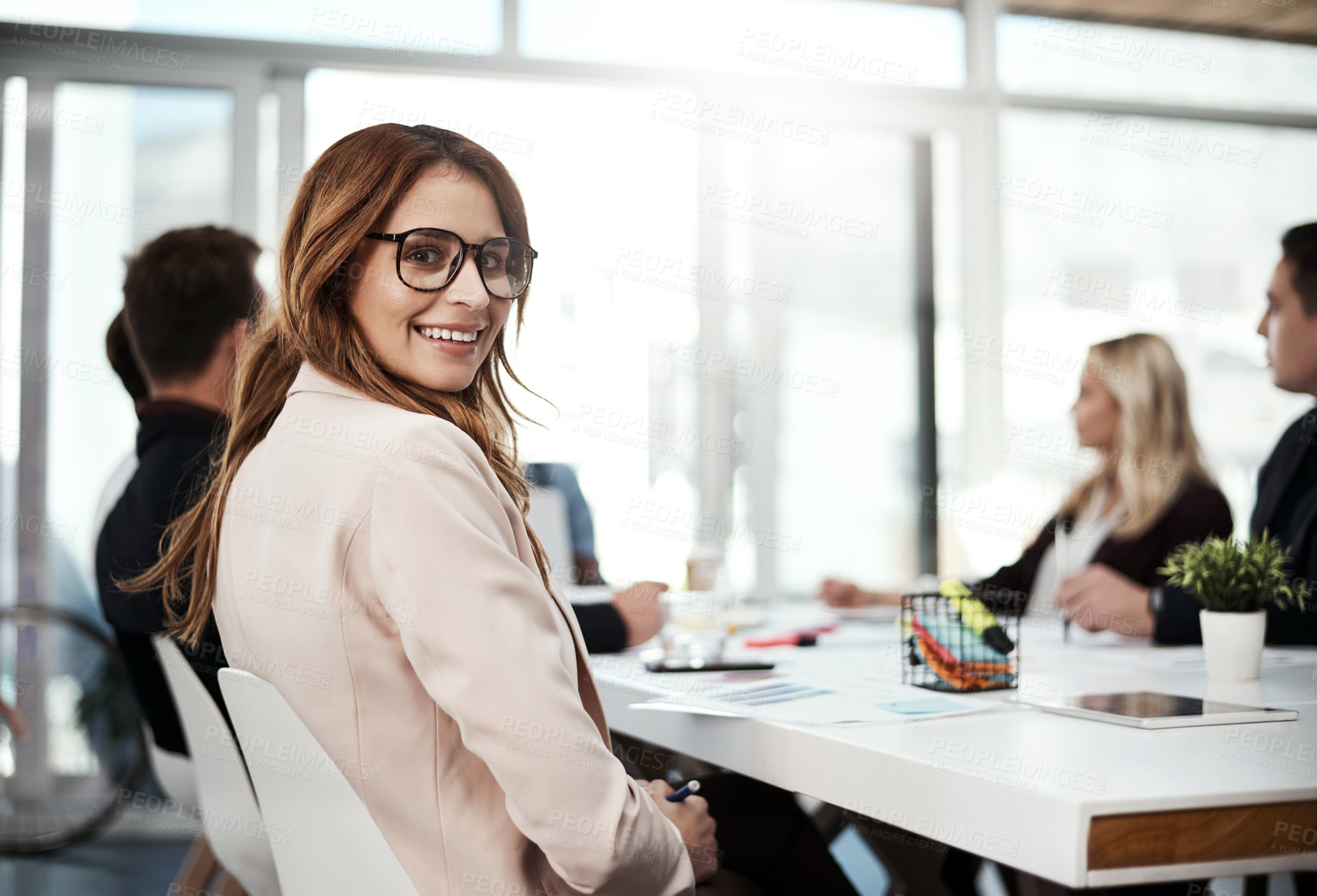 Buy stock photo Portrait, meeting and smile with business woman in office for startup, discussion and interior designer. Collaboration, project advisor and workshop with employee in agency for real estate planning
