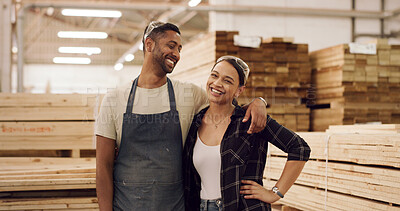 Buy stock photo Carpentry, portrait and team of woodworkers in workshop with confidence for woodworking industry. Business, people and industrial employees with pride for collaboration in furniture manufacturing.