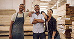 Carpentry, portrait and group of woodworkers in workshop with confidence for woodworking industry. Happy, people and industry employees with pride for collaboration in furniture manufacturing.