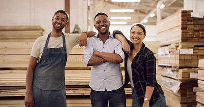 Buy stock photo Carpentry, portrait and group of woodworkers in workshop with confidence for woodworking industry. Happy, people and industrial employees with pride for collaboration in furniture manufacturing.