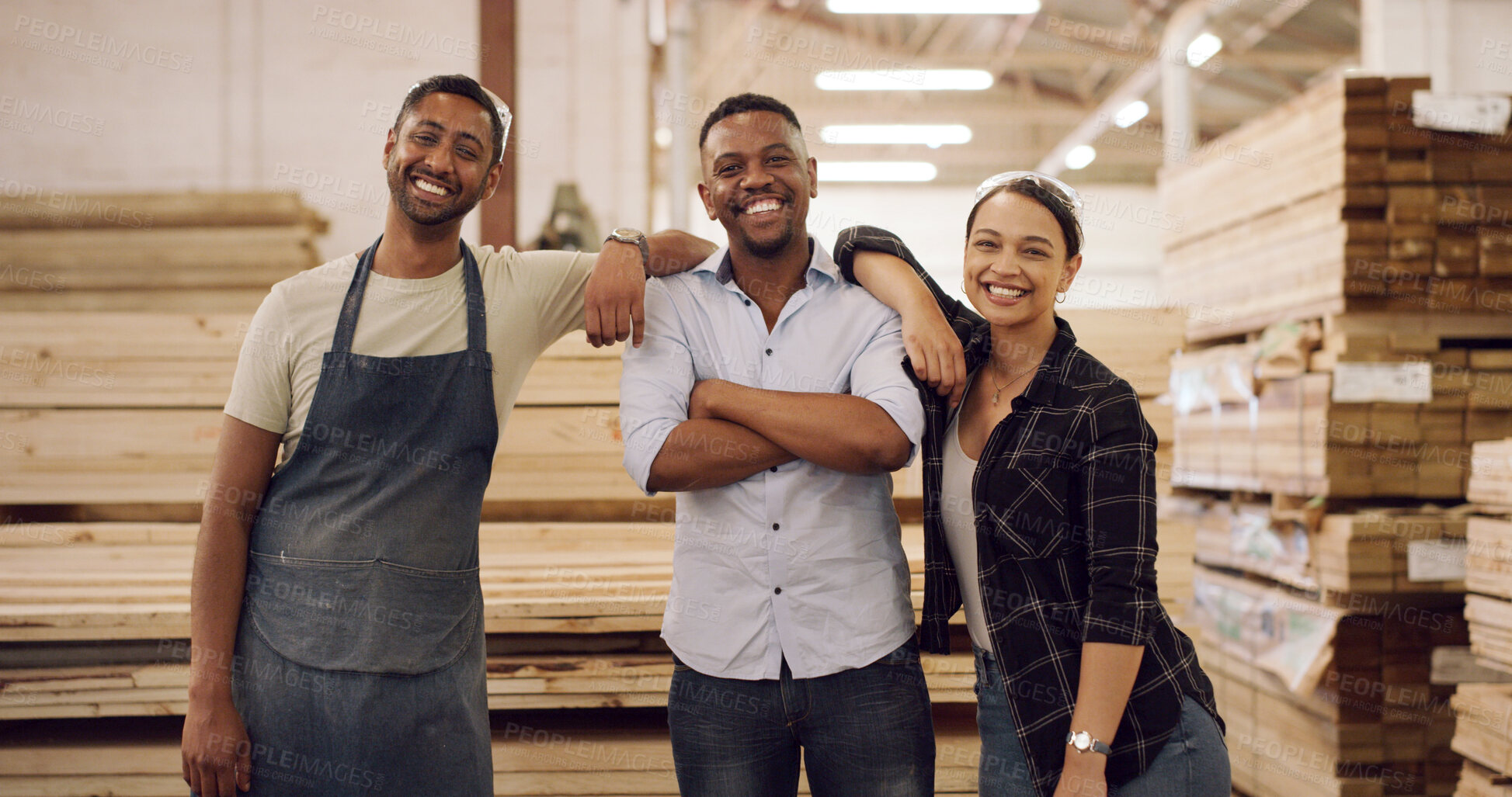 Buy stock photo Carpentry, portrait and group of woodworkers in workshop with confidence for woodworking industry. Happy, people and industrial employees with pride for collaboration in furniture manufacturing.