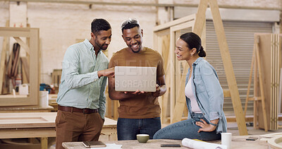 Buy stock photo Carpenter, laptop and happy people in workshop, discussion and cooperation for timber online order. Funny, men or woman in meeting for conversation, woodwork or tech for manufacturing skills and pc