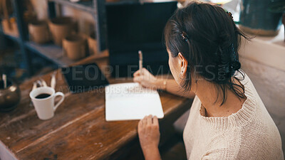 Buy stock photo Writing, research and businesswoman in office with planning for pottery project with agenda. Schedule, ideas and back of female ceramist with reminder for ceramic business with journal for startup.