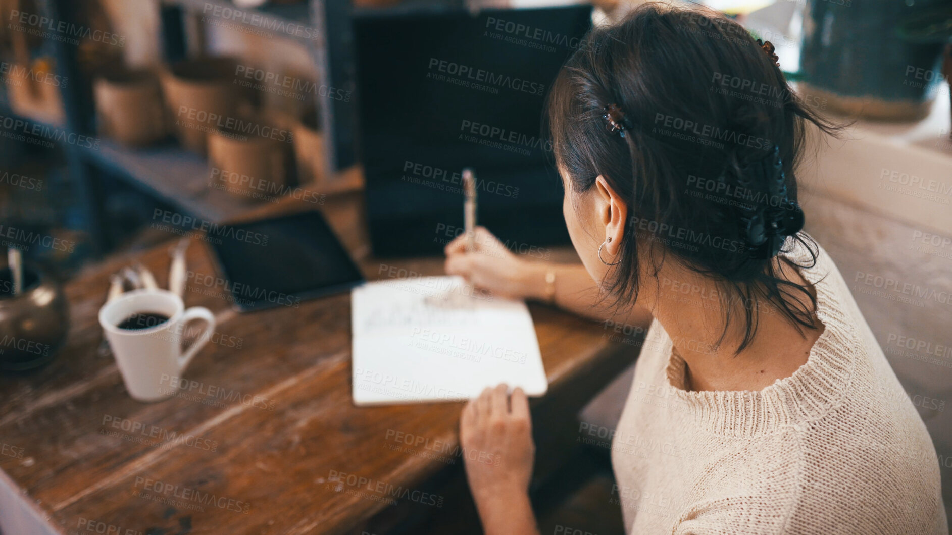 Buy stock photo Writing, research and businesswoman in office with planning for pottery project with agenda. Schedule, ideas and back of female ceramist with reminder for ceramic business with journal for startup.