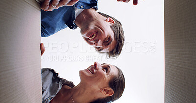 Buy stock photo Unpacking, boxes and couple with conversation, property investment and love in new home. Rental, apartment and pov with happy man, woman and smile for real estate, low angle and cardboard in lounge