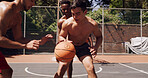 Fitness, sports and men on basketball court with game, training match and cardio workout or exercise. Teamwork, tournament and friends with challenge, intensity and energy together for summer outdoor