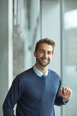Buy stock photo Portrait, businessman and smile in lobby for management, about us or accountant seminar. Happy, male person and career pride with opportunity, ambition and finance consultant at conference or event