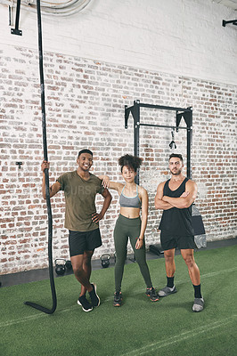 Buy stock photo Group, portrait and people in gym for exercise, fitness and training for confidence. Men, woman and smile with motivation for workout, physical activity and support for strong muscle in health center