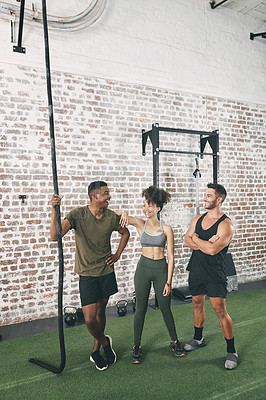 Buy stock photo Group, athlete and people in gym for exercise, fitness advice and training feedback. Men, woman and smile with discussion for workout, physical activity and tips for strong muscle in health center